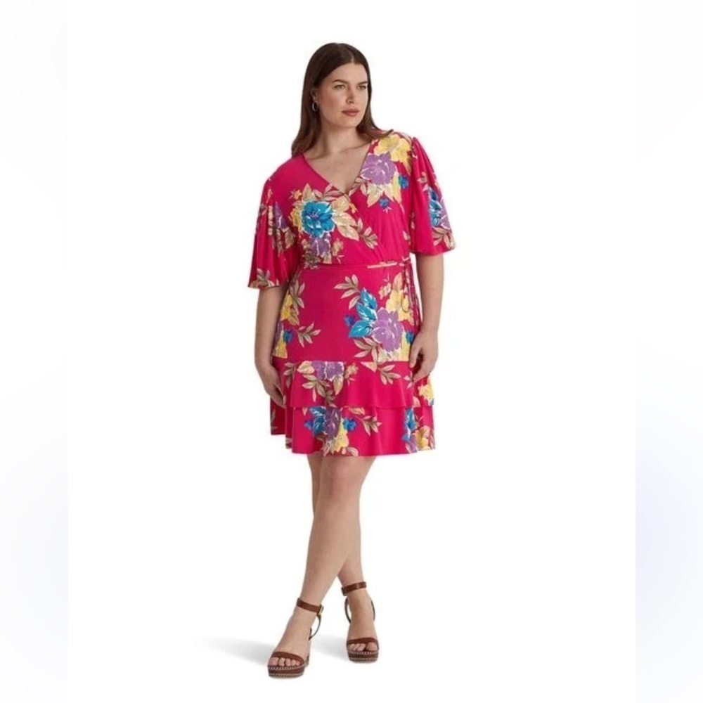 RALPH LAUREN Pink Wrap Mini Dress Short Sleeves